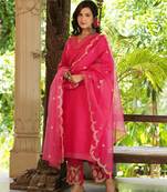  pink solid straight kurta trouser and dupatta set