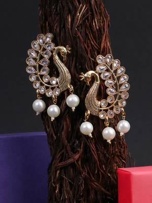 Gold-plated kundan-studed pearl-tessel drop earrings 1