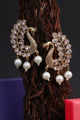 Gold-plated kundan-studed pearl-tessel drop earrings