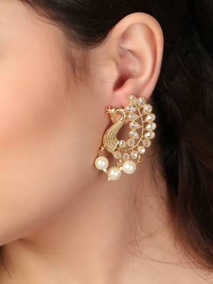 Gold-plated kundan-studed pearl-tessel drop earrings 3