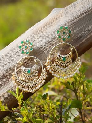 Gold-plated stone-studed pearl-tessel chandbali earrings 1