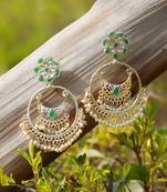 Gold-plated stone-studed pearl-tessel chandbali earrings