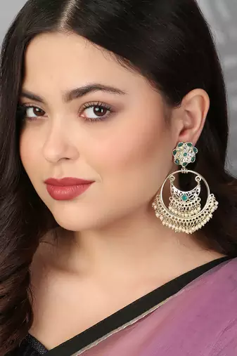 Gold-plated stone-studed pearl-tessel chandbali earrings