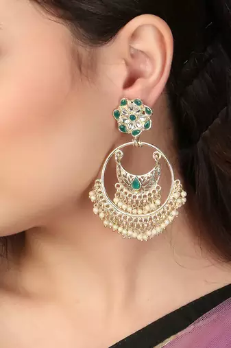 Gold-plated stone-studed pearl-tessel chandbali earrings