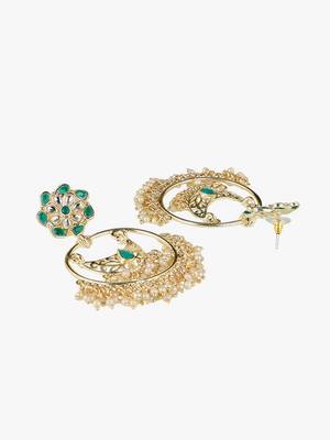 Gold-plated stone-studed pearl-tessel chandbali earrings 4