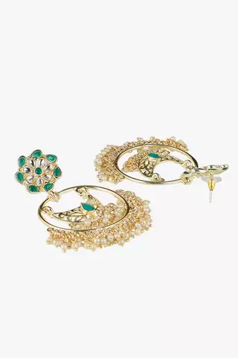 Gold-plated stone-studed pearl-tessel chandbali earrings
