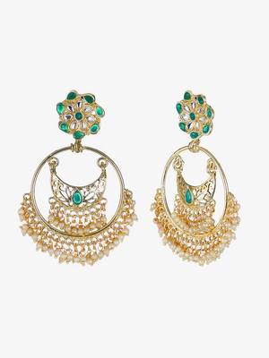 Gold-plated stone-studed pearl-tessel chandbali earrings 5