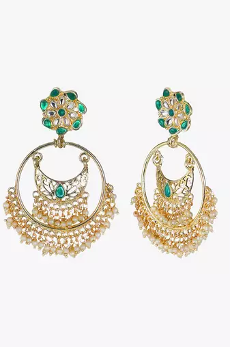 Gold-plated stone-studed pearl-tessel chandbali earrings
