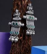 Oxidised green stone-studded pearl-tessel drop earrings