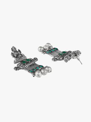 Oxidised green stone-studded pearl-tessel drop earrings 4