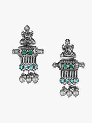 Oxidised green stone-studded pearl-tessel drop earrings 5