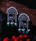 Oxidised green stone-studded pearl-tessel drop earrings
