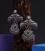 Oxidised pink stone-studded pearl-tessel peacock-temple earrings