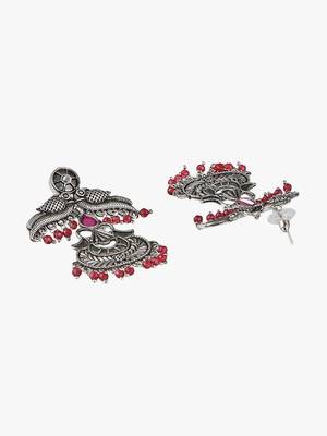 Oxidised pink stone-studded pearl-tessel peacock-temple earrings 4