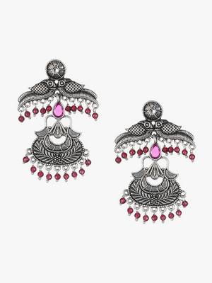 Oxidised pink stone-studded pearl-tessel peacock-temple earrings 5
