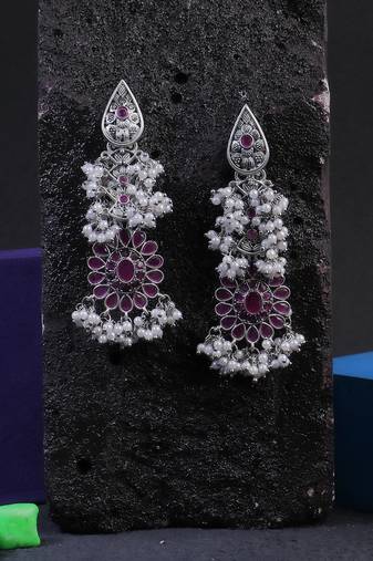 Oxidised silver-plated pink stone-studded pearl-beaded drop earrings