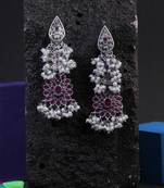 Oxidised silver-plated pink stone-studded pearl-beaded drop earrings