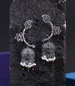 Oxidised silver-plated multi stone-studded pearl-tessel drop earrings