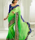 Parrot Green  and  Royal Blue embroidered jacquard saree with blouse