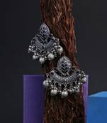Oxidised black stone-studded pearl-tessel drop earrings