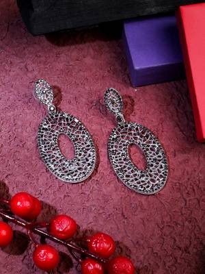 Oxidised silver-plated stone-studded drop earrings 1