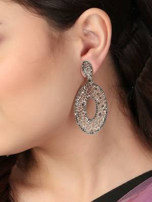 Oxidised silver-plated stone-studded drop earrings 3