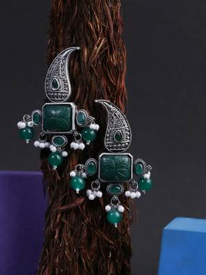 Oxidised green stone-studded pearl-tessel drop earrings 1