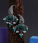 Oxidised green stone-studded pearl-tessel drop earrings