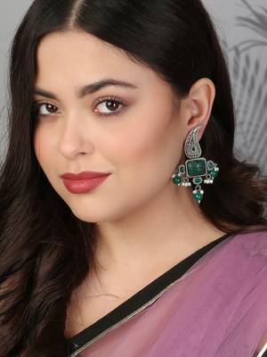 Oxidised green stone-studded pearl-tessel drop earrings 2