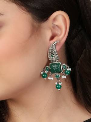 Oxidised green stone-studded pearl-tessel drop earrings 3
