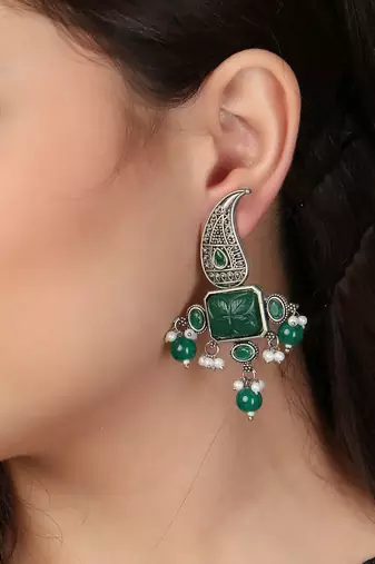 Oxidised green stone-studded pearl-tessel drop earrings