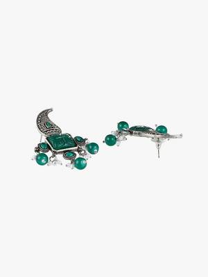 Oxidised green stone-studded pearl-tessel drop earrings 4