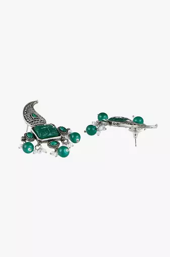 Oxidised green stone-studded pearl-tessel drop earrings