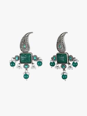 Oxidised green stone-studded pearl-tessel drop earrings 5