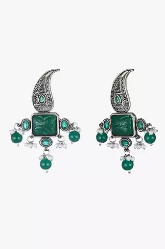 Oxidised green stone-studded pearl-tessel drop earrings