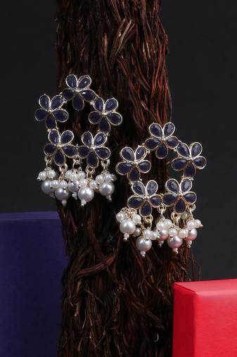 Gold-plated black stone-studded pearl-tessel drop earrings