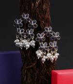 Gold-plated black stone-studded pearl-tessel drop earrings