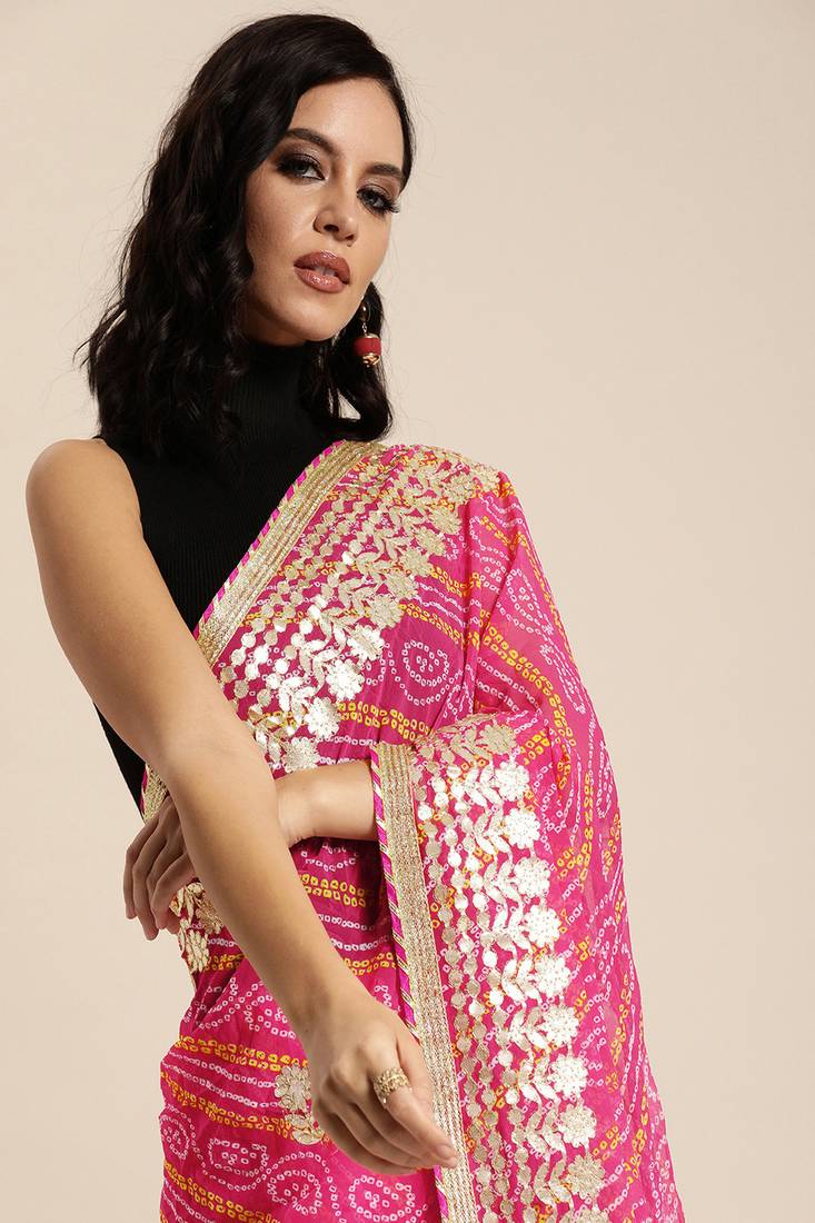 Geroo Jaipur Hand Dyed Bandhani Printed Georgette Saree