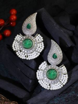 Oxidised green stone-studded pearl-beaded earrings 1