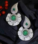 Oxidised green stone-studded pearl-beaded earrings