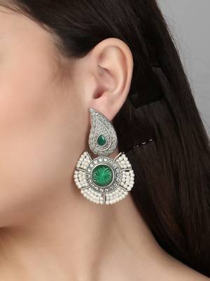 Oxidised green stone-studded pearl-beaded earrings 2
