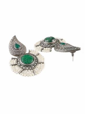 Oxidised green stone-studded pearl-beaded earrings 4