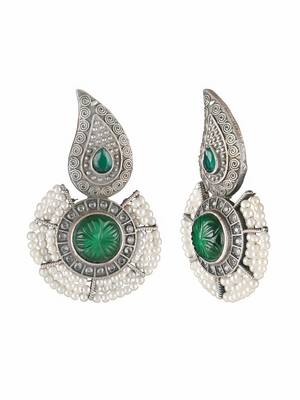 Oxidised green stone-studded pearl-beaded earrings 5