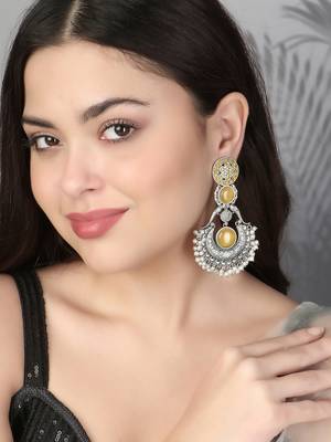 Oxidised yellow stone-studded pearl-beaded earrings 2