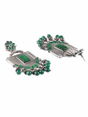 Oxidised green stone-studded pearl-tessels earrings 4