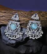 Oxidised blue stone-studded pearl-tessels earrings