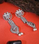 Oxidised grey stone-studded pearl-tessels earrings