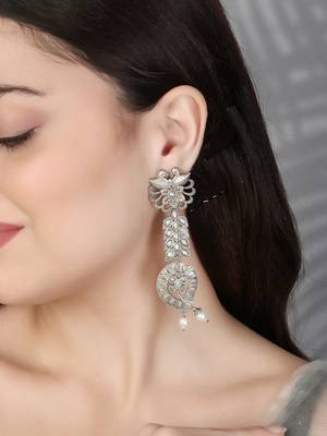 Oxidised grey stone-studded pearl-tessels earrings 3