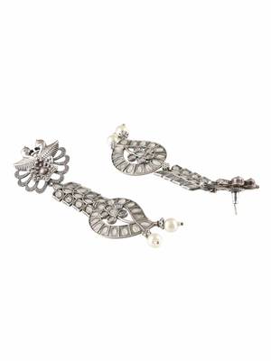 Oxidised grey stone-studded pearl-tessels earrings 4