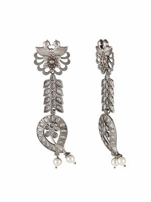 Oxidised grey stone-studded pearl-tessels earrings 5
